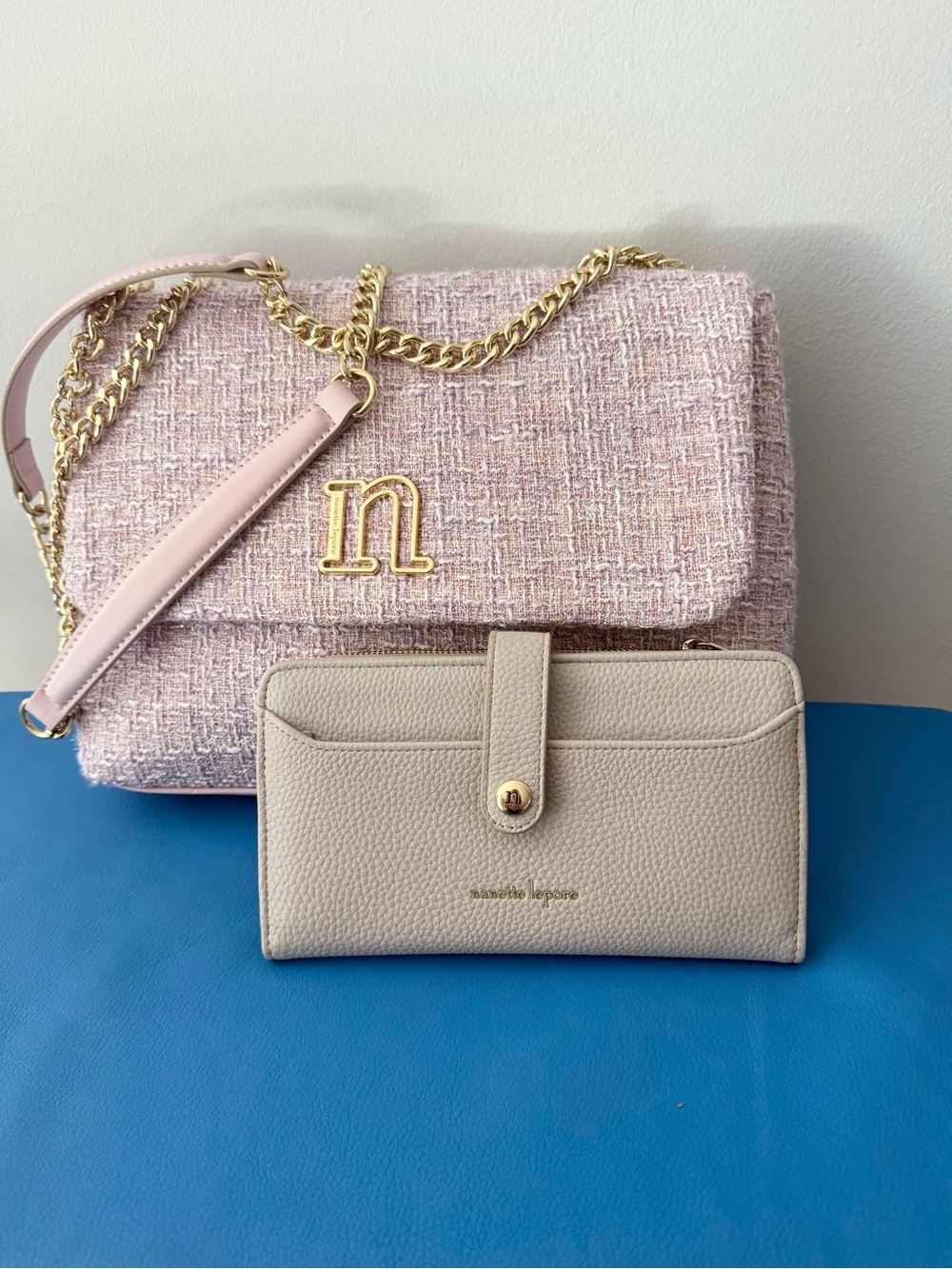 Nanette Lepore Pink Tweed Shoulder Bag with Cream Wallet and Gold Chain